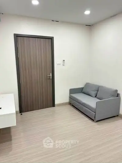 Modern minimalist living room with sleek gray sofa and wooden door, perfect for cozy urban living.