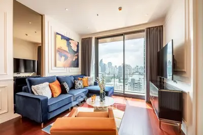 Luxurious living room with stunning city view and modern decor