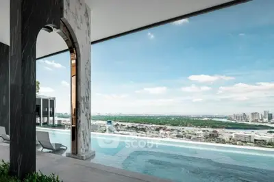 Luxurious rooftop infinity pool with stunning city skyline view, perfect for relaxation and leisure.
