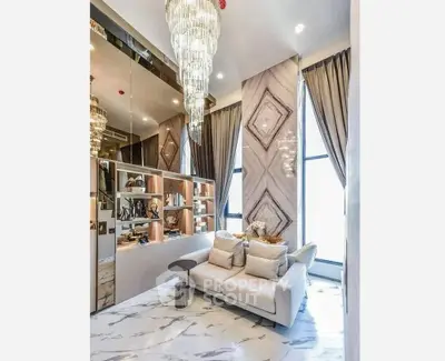 Luxurious modern living room with high ceilings, elegant chandeliers, and stylish decor.