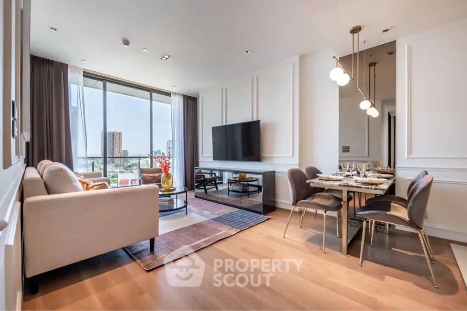 Luxurious modern living room with elegant dining area and stunning city view.