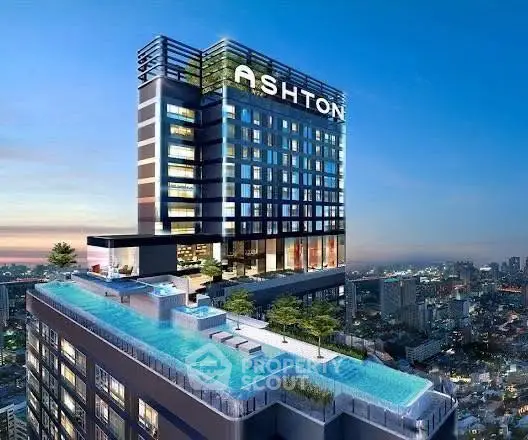 Luxurious high-rise building with rooftop infinity pool and stunning city views.