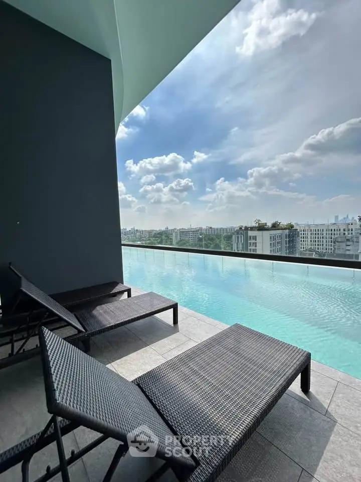 Luxurious rooftop pool with stunning city views and modern lounge chairs.