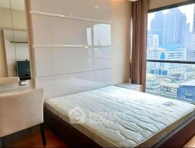 Modern bedroom with city view, featuring a comfortable bed and sleek design.