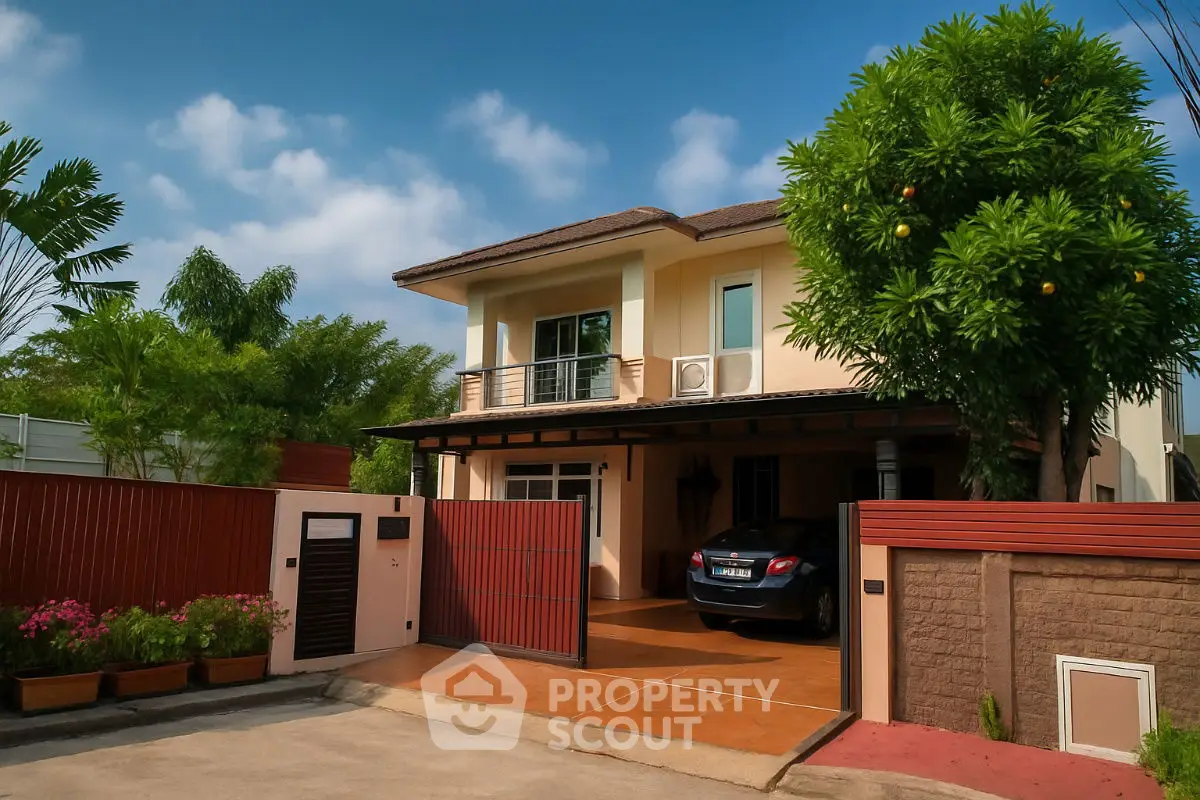 Charming two-story house with carport and lush garden in serene neighborhood.