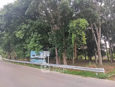 Scenic roadside view with lush trees and directional sign, ideal for real estate development.