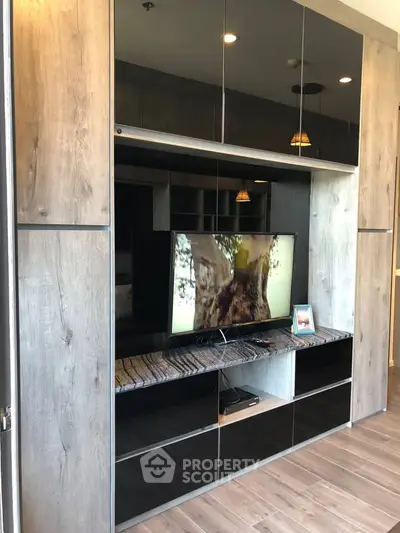 Modern living room with sleek built-in entertainment center and flat-screen TV