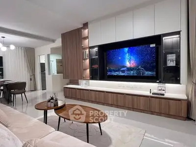 Modern living room with sleek entertainment center and stylish decor