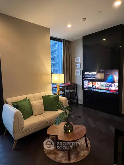 Modern living room with cozy sofa, stylish decor, and city view, perfect for urban living.