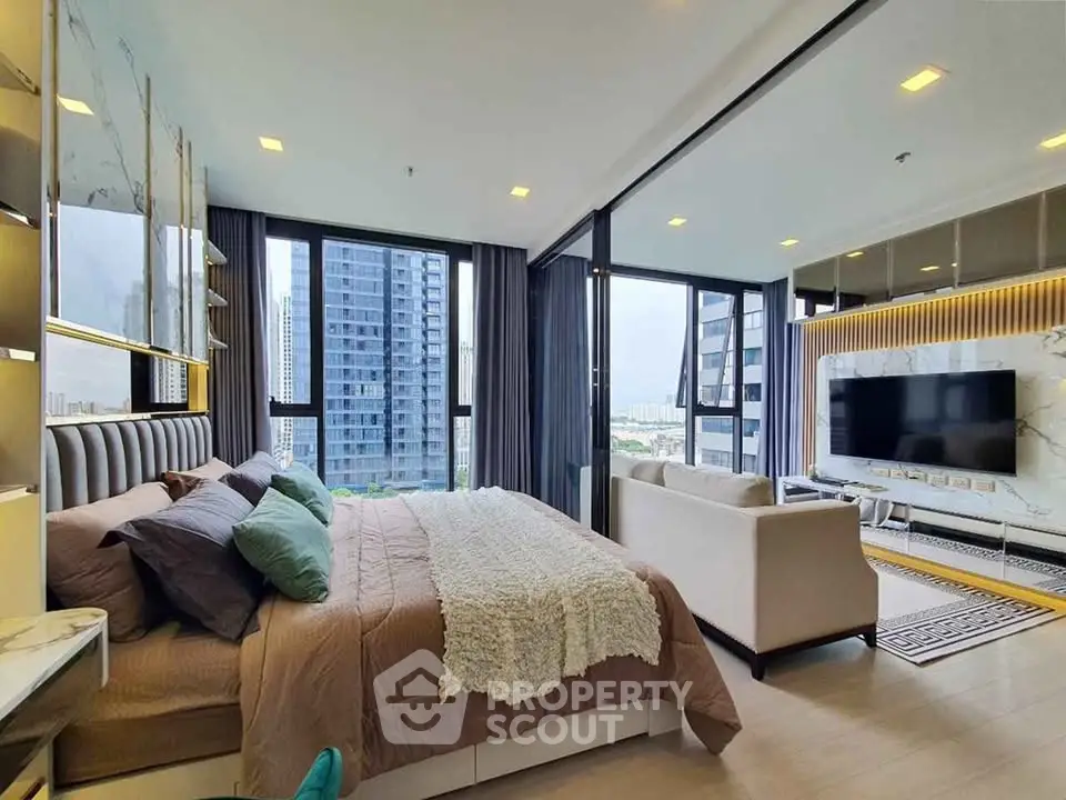 Luxurious modern bedroom with stunning city view and elegant decor