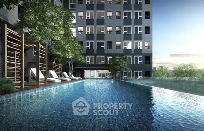 Luxurious apartment building with serene pool and lush greenery