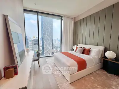 Luxurious bedroom with stunning city view and modern decor