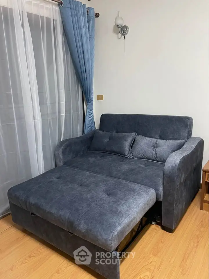 Cozy living room with stylish gray sofa bed and elegant curtains, perfect for modern living.