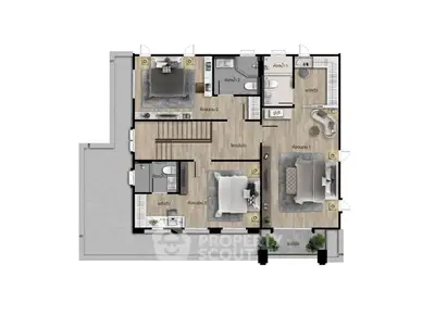 Modern apartment floor plan with three bedrooms and spacious layout.