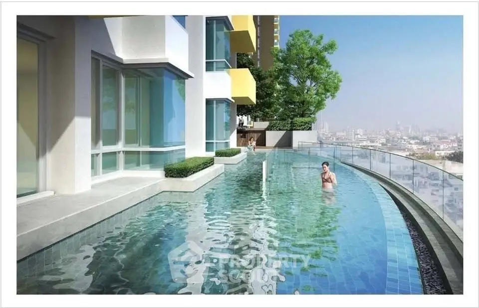 Luxurious rooftop infinity pool with stunning city views in modern high-rise building.