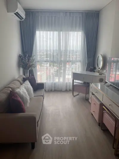 Chic living room with city view, modern decor, and natural light