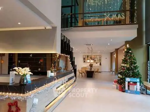 Modern lobby with festive Christmas decorations and elegant design