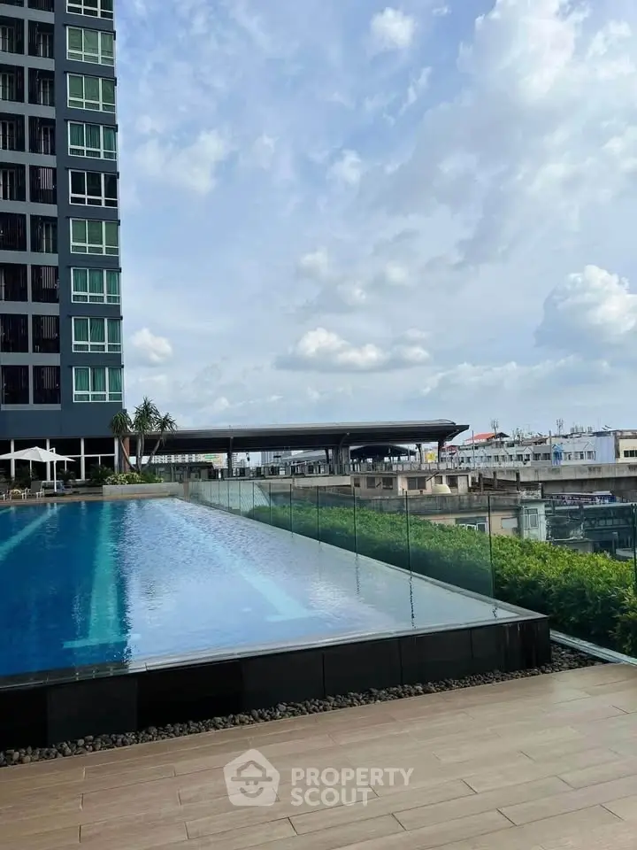 Luxurious rooftop pool with stunning city views in modern high-rise building.