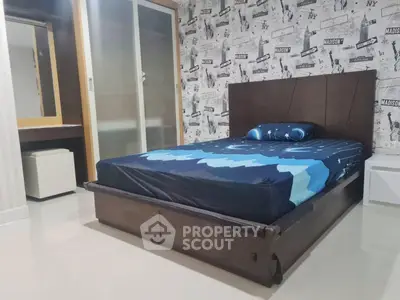 Modern bedroom with stylish wallpaper and sleek wooden furniture