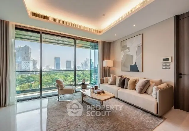 Luxurious living room with stunning city view and modern decor