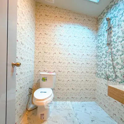 Modern bathroom with stylish wall tiles and sleek fixtures