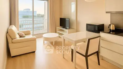 Modern living room with cozy seating and dining area, featuring large window with city view.