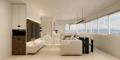 Modern living room with panoramic windows and elegant decor