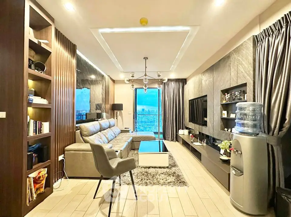 Luxurious living room with modern decor and stunning city view