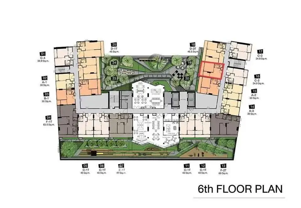 Detailed 6th floor plan showcasing modern apartment layout with green spaces and amenities.