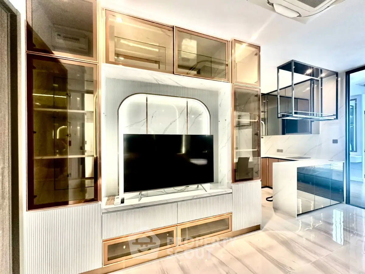 Luxurious modern living room with sleek built-in cabinets and stylish TV setup