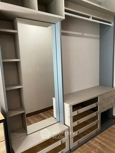 Spacious walk-in closet with modern shelving and drawers, perfect for organized storage in a luxury home.