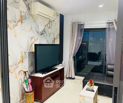 Modern living room with marble accent wall and city view balcony.
