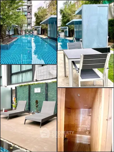 Luxurious condo amenities featuring a pool, sauna, and outdoor seating area.