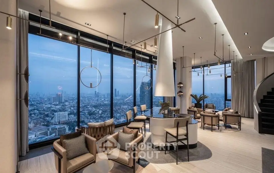 Luxurious modern living room with panoramic city view and elegant furnishings.