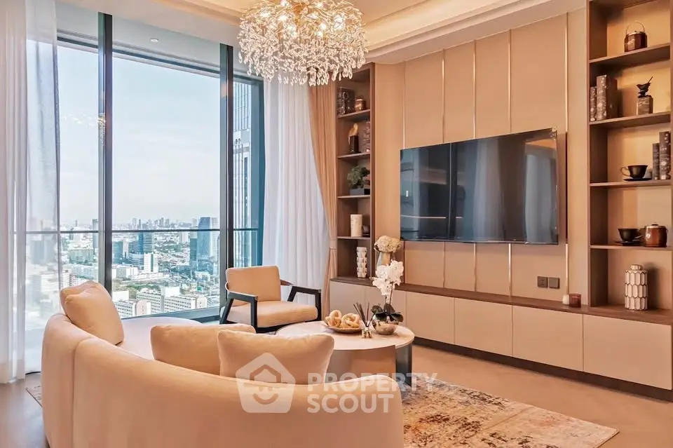 Luxurious living room with panoramic city view and elegant decor