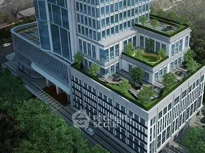 Stunning modern building with lush rooftop garden and sleek architectural design.