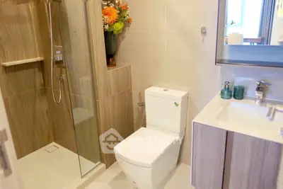 Modern bathroom with glass shower and sleek vanity in stylish apartment.