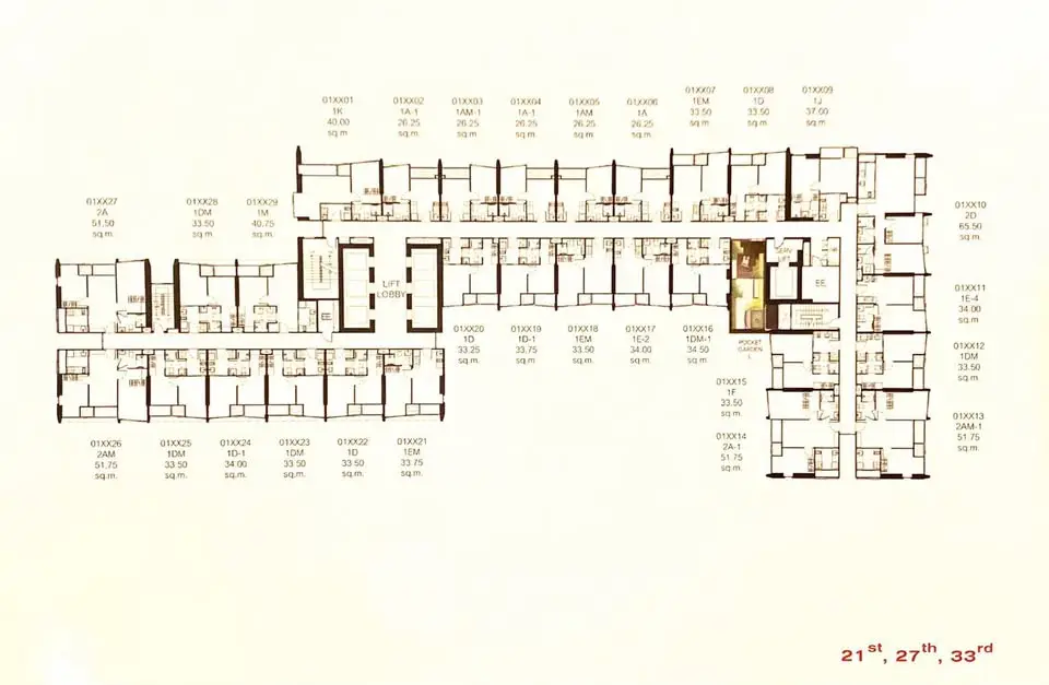 Detailed floor plan layout of a modern apartment building with unit numbers and dimensions.