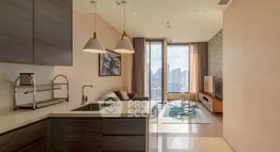 Modern open-layout kitchen and living room with city view, stylish decor, and ample natural light.