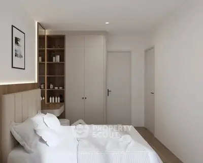 Modern bedroom with minimalist design and built-in storage