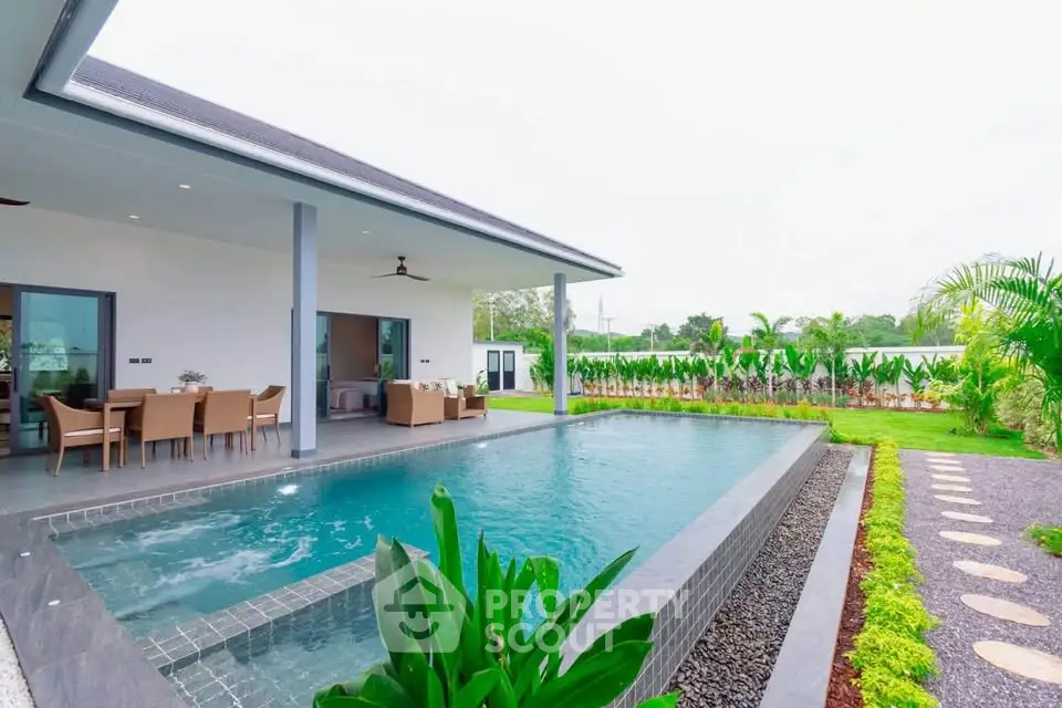 Luxurious modern villa with private pool and lush garden, perfect for serene living and entertaining.