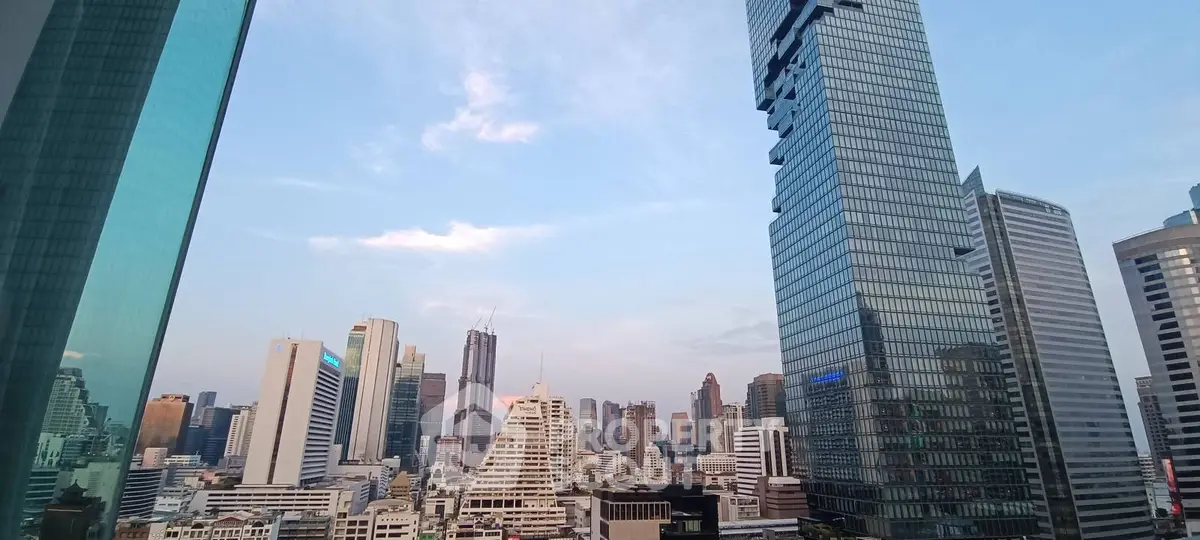 Stunning cityscape view of modern skyscrapers in a bustling urban skyline at dusk.