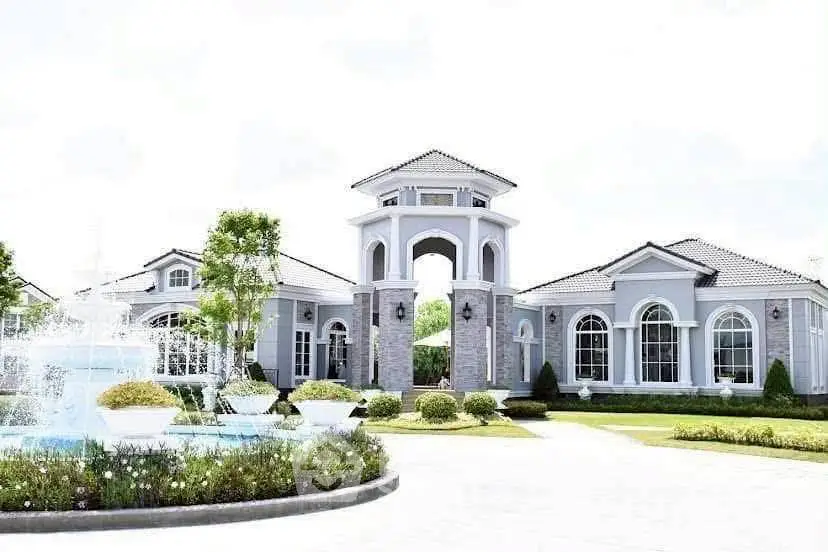 Luxurious estate with grand entrance and elegant fountain in lush landscaped garden.