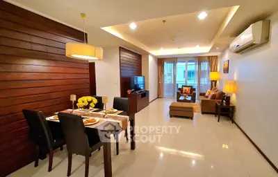 Spacious modern living room with elegant dining area and stylish decor