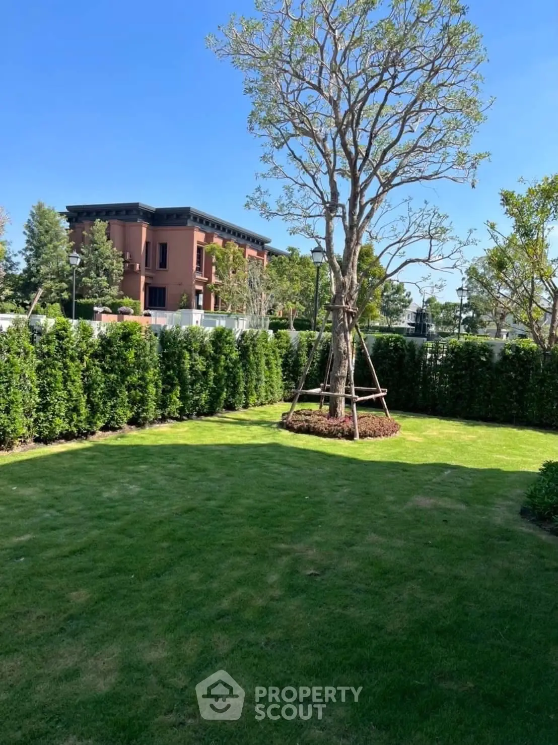 Spacious green garden with manicured lawn and trees, perfect for outdoor relaxation and activities.