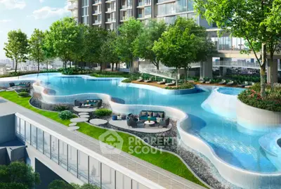 Luxurious apartment complex with stunning multi-level pool and lush greenery