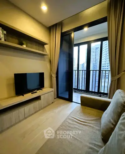 Modern living room with balcony view in urban apartment