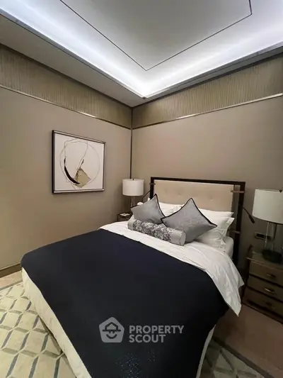 Luxurious modern bedroom with elegant decor and ambient lighting