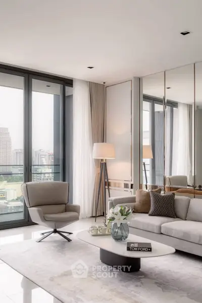 Luxurious modern living room with city view, elegant furniture, and floor-to-ceiling windows.