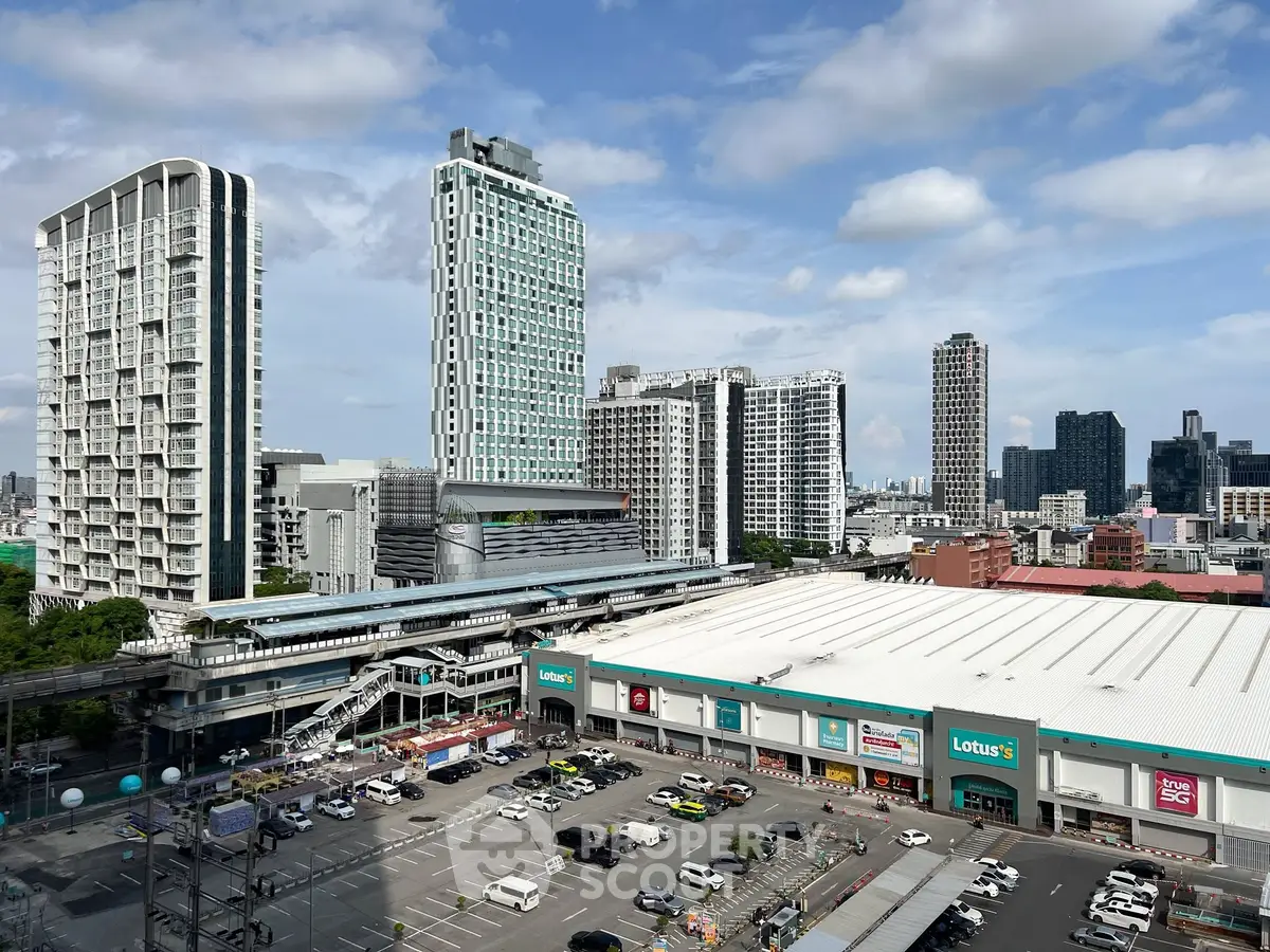 Stunning cityscape view showcasing modern high-rise buildings and a bustling shopping center.